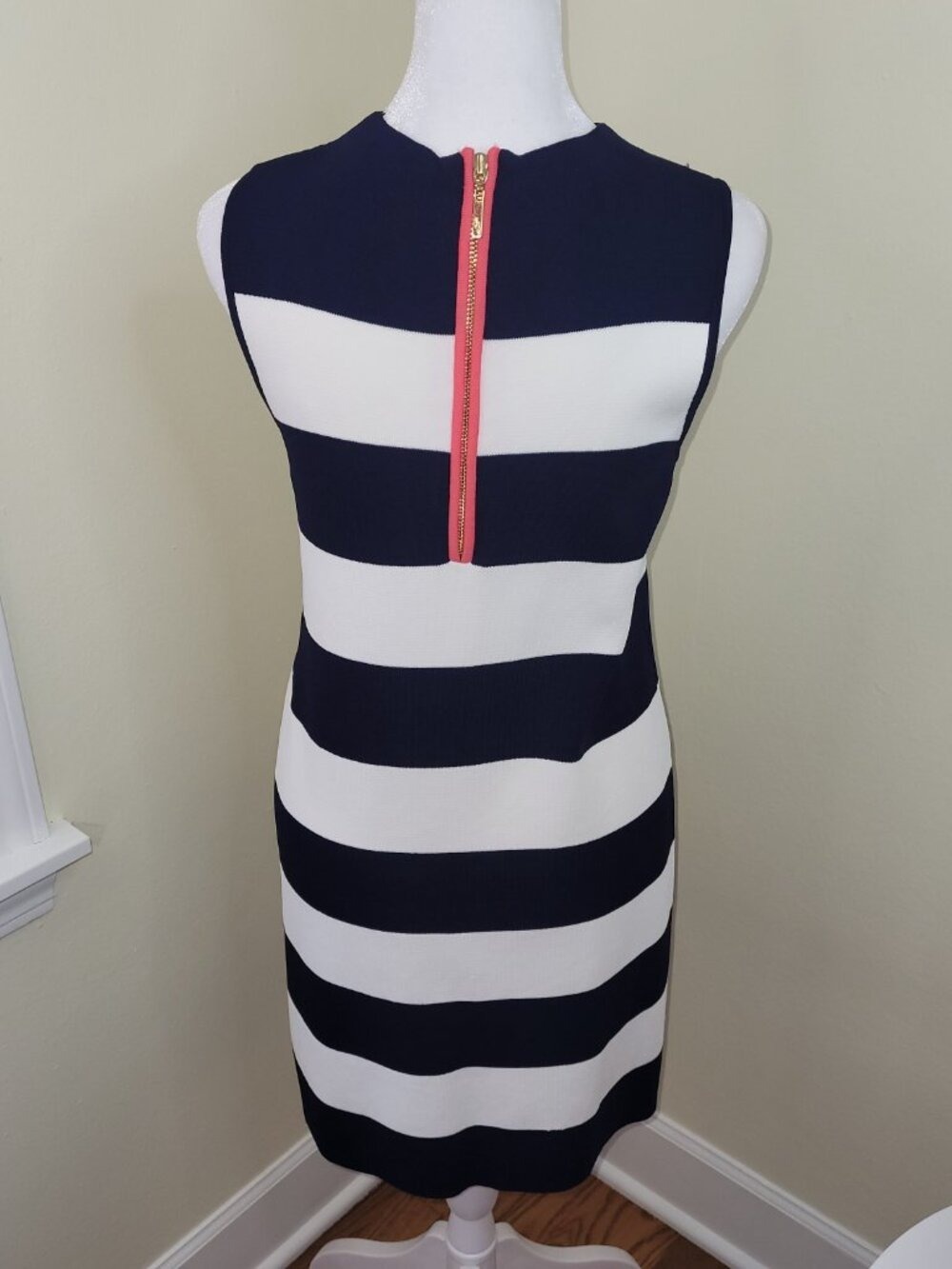 Eliza J Dress Navy Blue White Striped Textured Knit Sheath Crew Neck Women's 4P - Picture 4 of 11